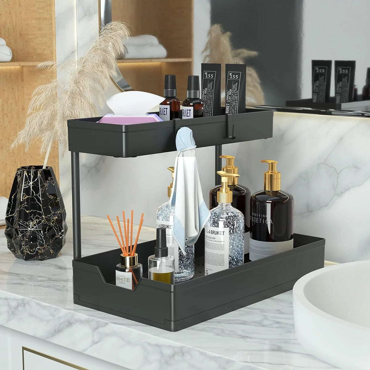 2 Tier L-Shape Under Sink Organizer with Hooks R915