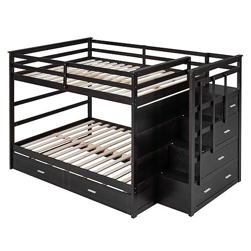 Twin Over Twin Bunk Bed with Stairs and Trundle White N38606