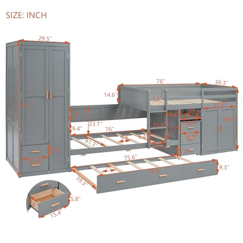 White Twin Over Twin Wood Bunk Bed with Trundle V8453