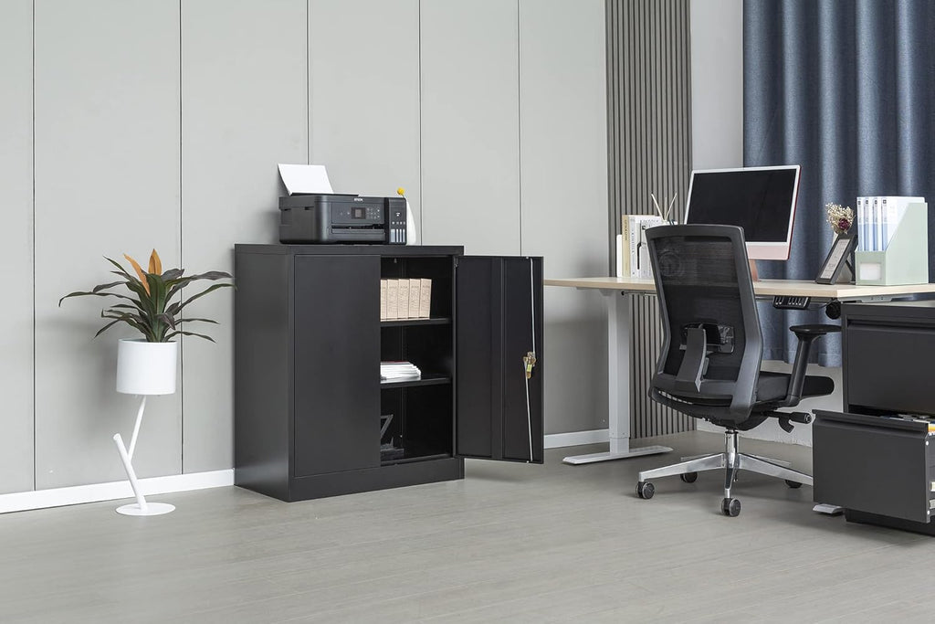 Metal Storage Cabinet with 2 Shelves and 2 Doors, Steel Locking Cabinet, 36.2 H x 31.5 W x 15.7 D (Black) M4018