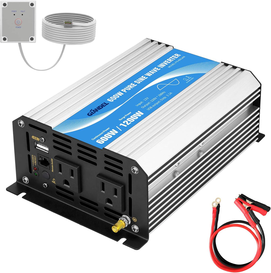 600W 12V DC to 110V 120V Pure Sine Wave Power Inverter with Remote Control Dual AC Outlets USB Port U50361