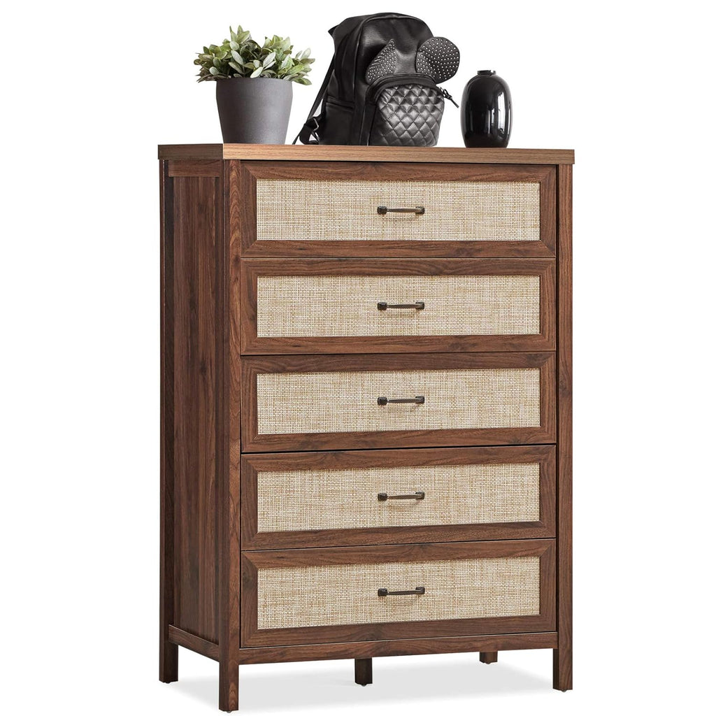 Brown 5 Drawer Rattan Wood Dresser Y9448