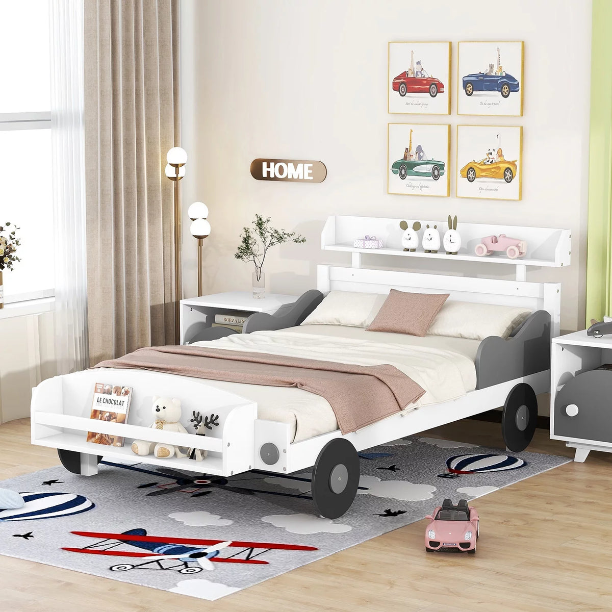 Twin Size Car-Shaped Platform Bed with Storage Shelf M467633