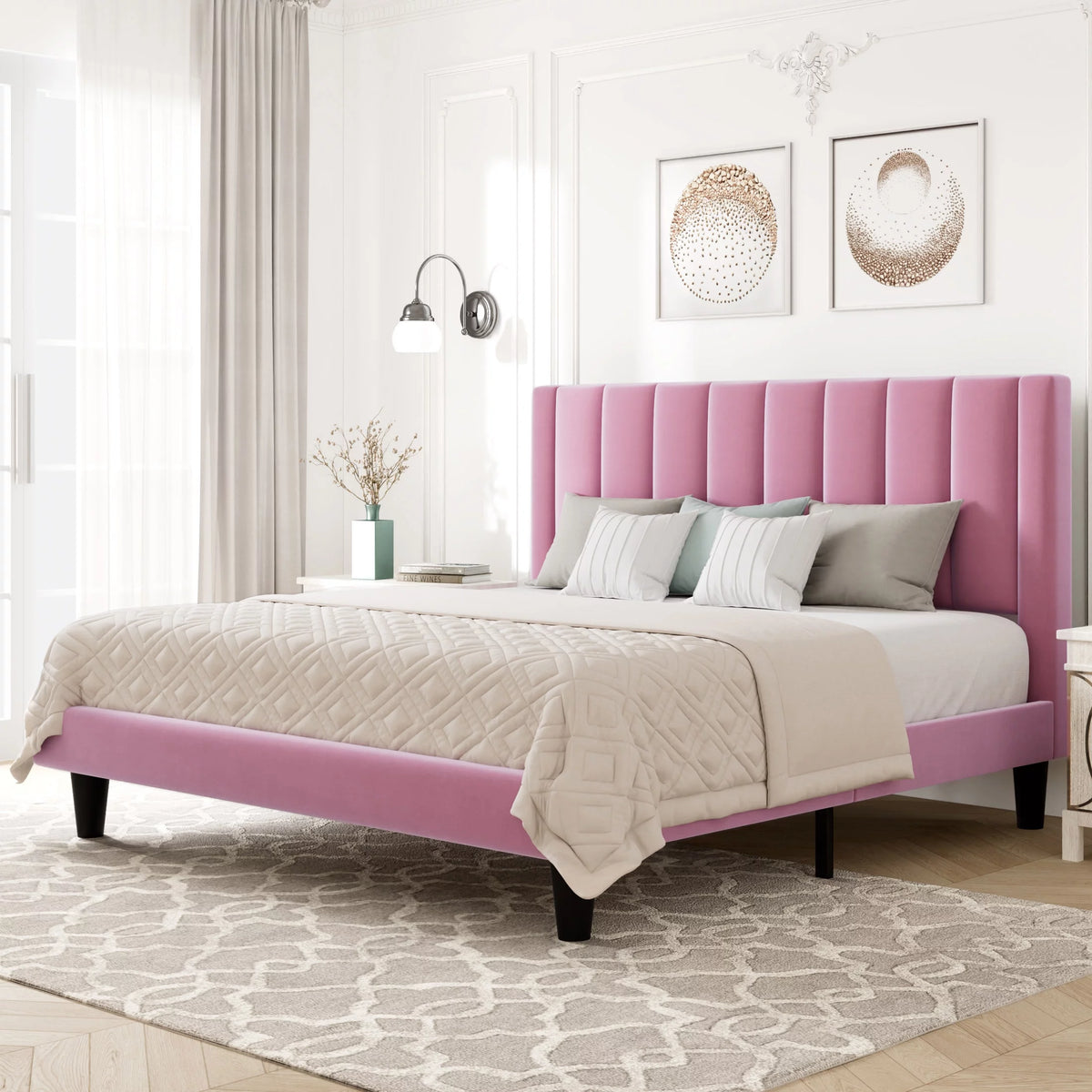Queen Size Pink Velvet Upholstered Bed Frame V58825