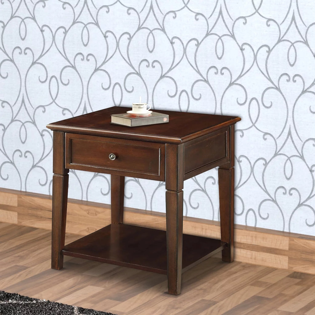 Walnut Brown Wooden End Table with One Drawer and One Shelf A579