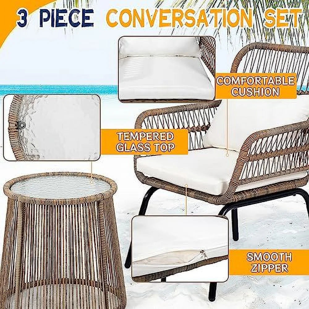3 Pieces Rattan Wicker Bistro Set with Glass Top Table O7668