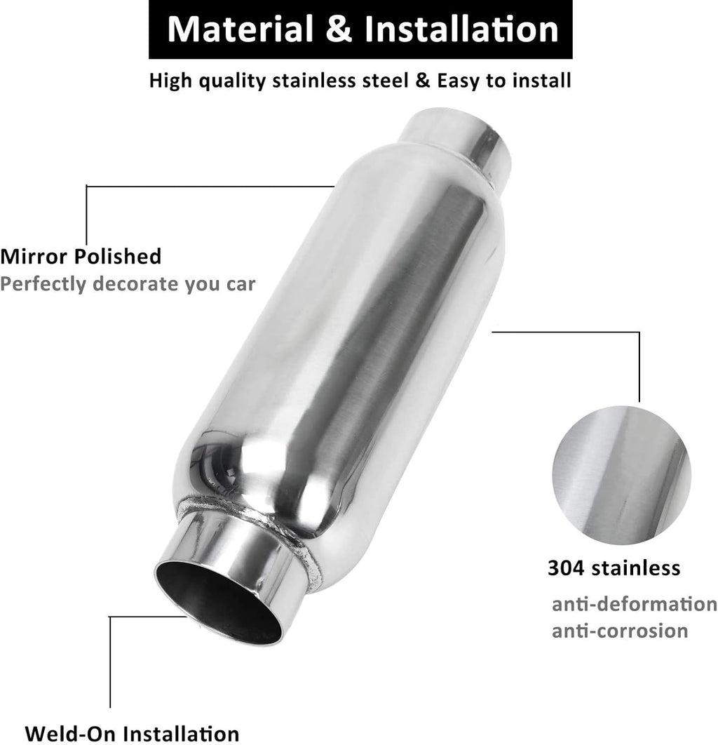 2.5 Inch Inlet 2.5 Inch Outlet Stainless Steel Weld-on Exhaust Muffler, Pair, 12 Overall Length U5682