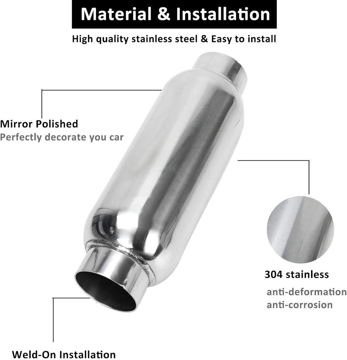 2.5 Inch Inlet 2.5 Inch Outlet Stainless Steel Weld-on Exhaust Muffler, Pair, 12 Overall Length U5682