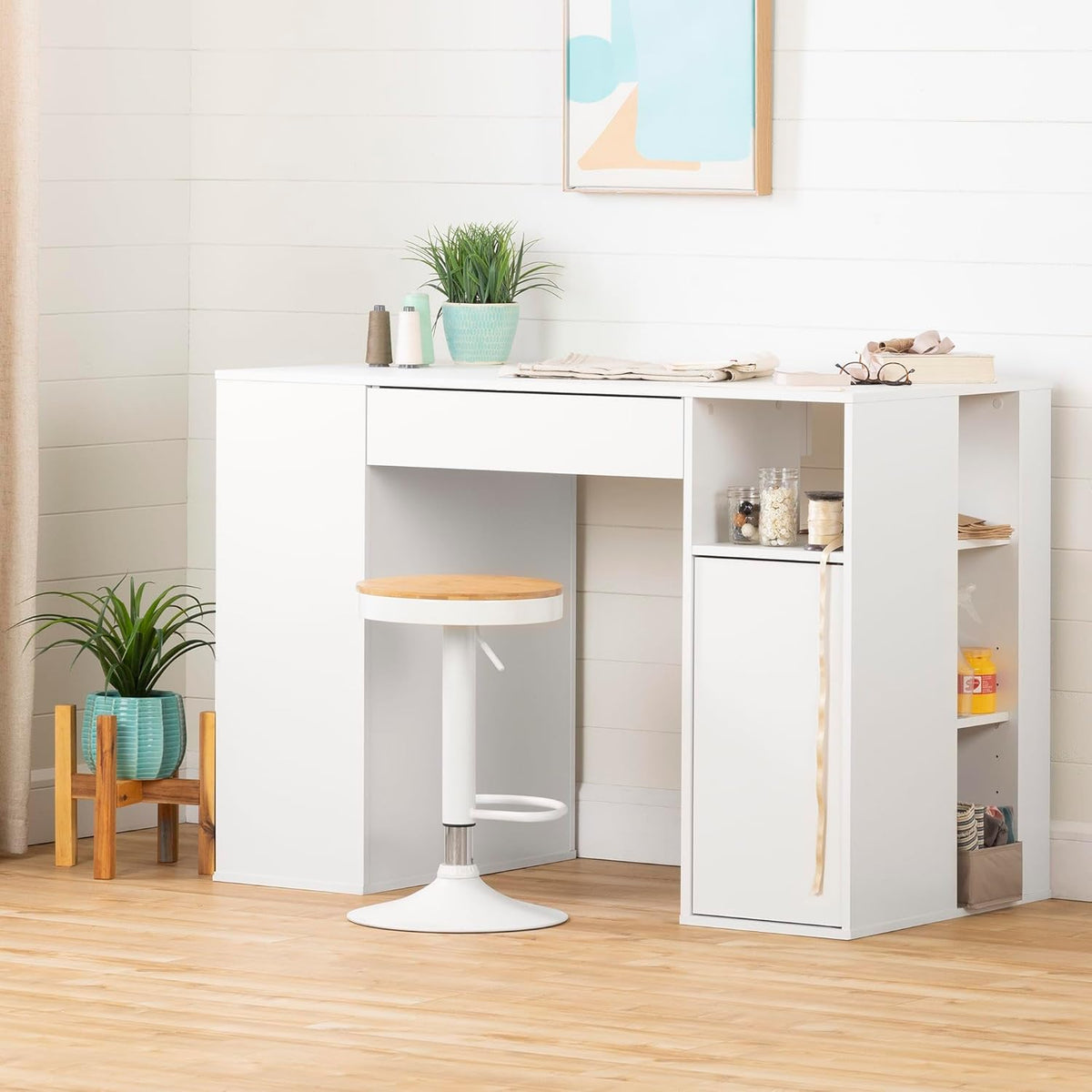 Pure White Counter-Height Craft Table with 4 baskets Q293