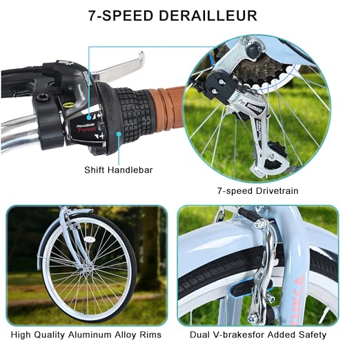 26 Inch Beach Cruiser Bike with 7 Speed, Adjustable Seat, Anti-Skid Tires, Front and Rear V-Brakes K797060