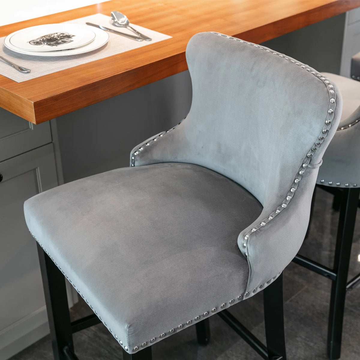 Velvet Wing-Back Upholstered Bar Stools Set of 2 with Solid Wood Legs A88025