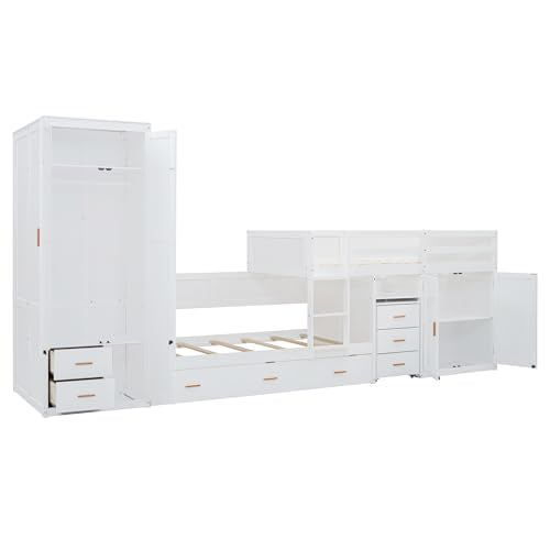 White Twin Over Twin Wood Bunk Bed with Trundle V8453