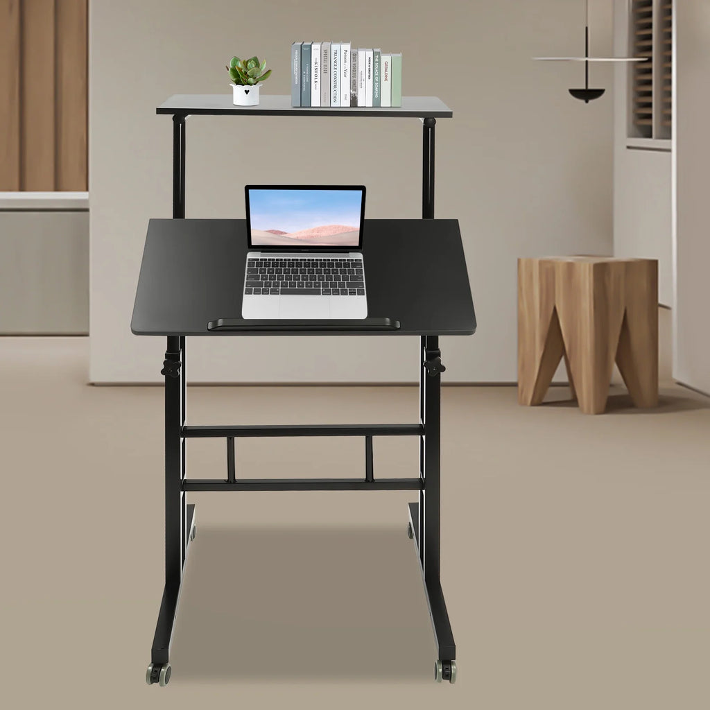 24" Mobile Stand Up Desk Adjustable Height Small Storage Desk with Wheels Black P4669