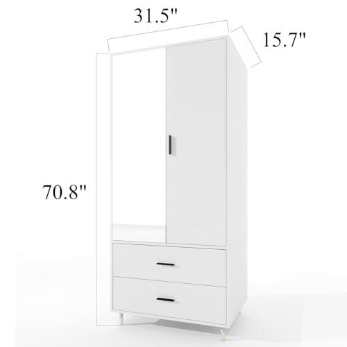 White 2 Door Armoire Wardrobe with Hanging Rod, 2 Drawers, Mirror and Shelves Y6562
