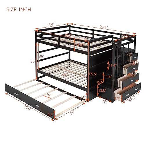 Twin Over Twin Bunk Bed with Stairs and Trundle White N38606