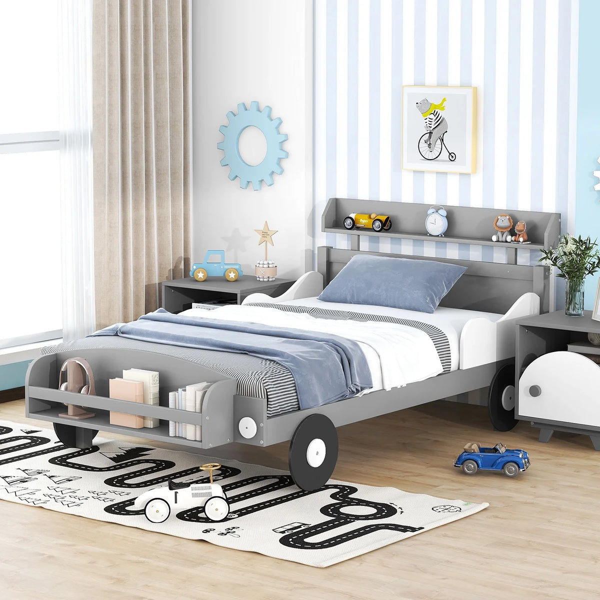 Twin Size Car-Shaped Platform Bed with Storage Shelf M467633