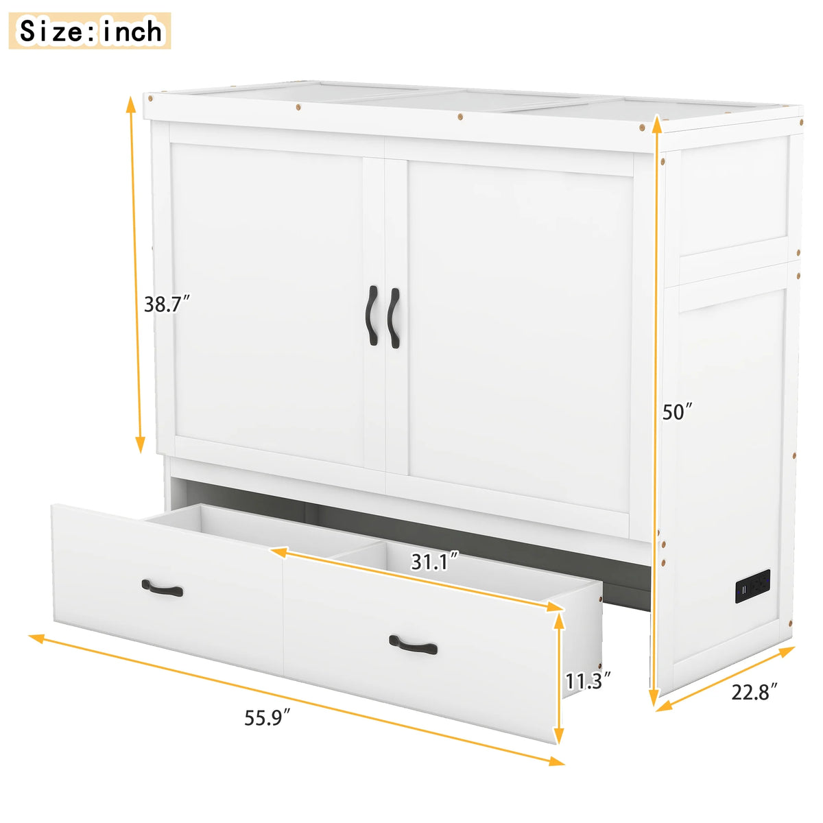Full Size White Murphy Bed with USB Port and 2 Storage Drawers L4287