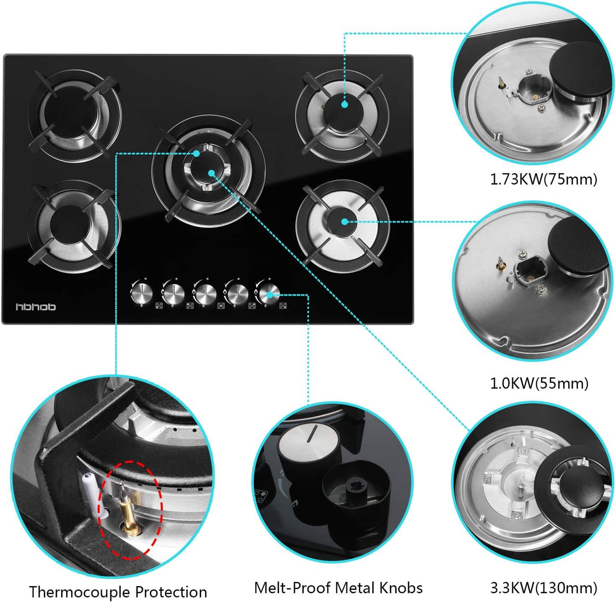 30.31 inches Tempered Glass 5 Burners Gas Cooktop C523423