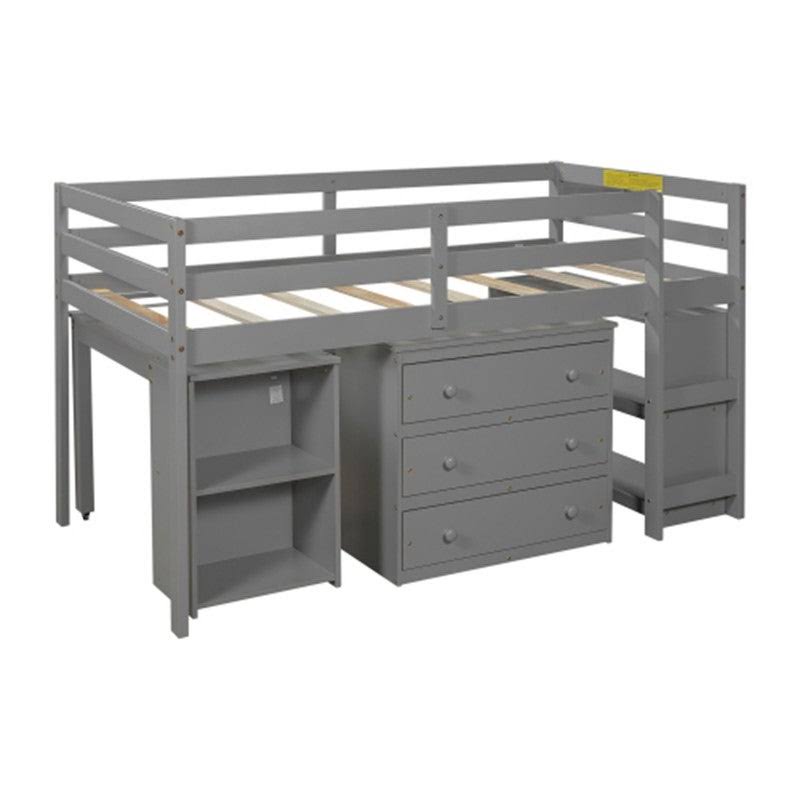 Gray Twin Size Wooden Loft Bed with Rolling Desk and Cabinet I300