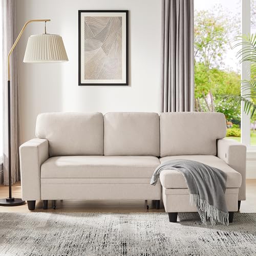 Beige L-Shaped Sleeper Sectional Couch with Storage Chaise N959597