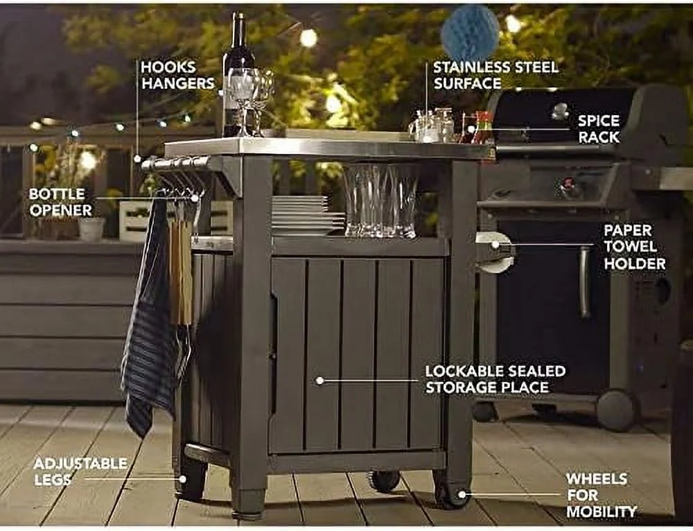40 Gallon Portable Outdoor Grilling Cart with Stainless Steel Tabletop and Cabinet T20950