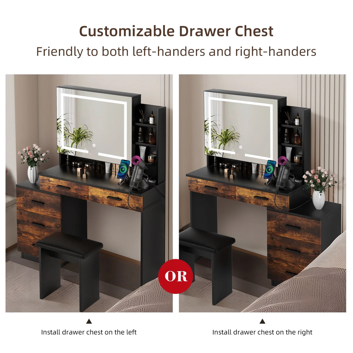 White Makeup Vanity Desk Set with Sliding Mirror and Lights I36565
