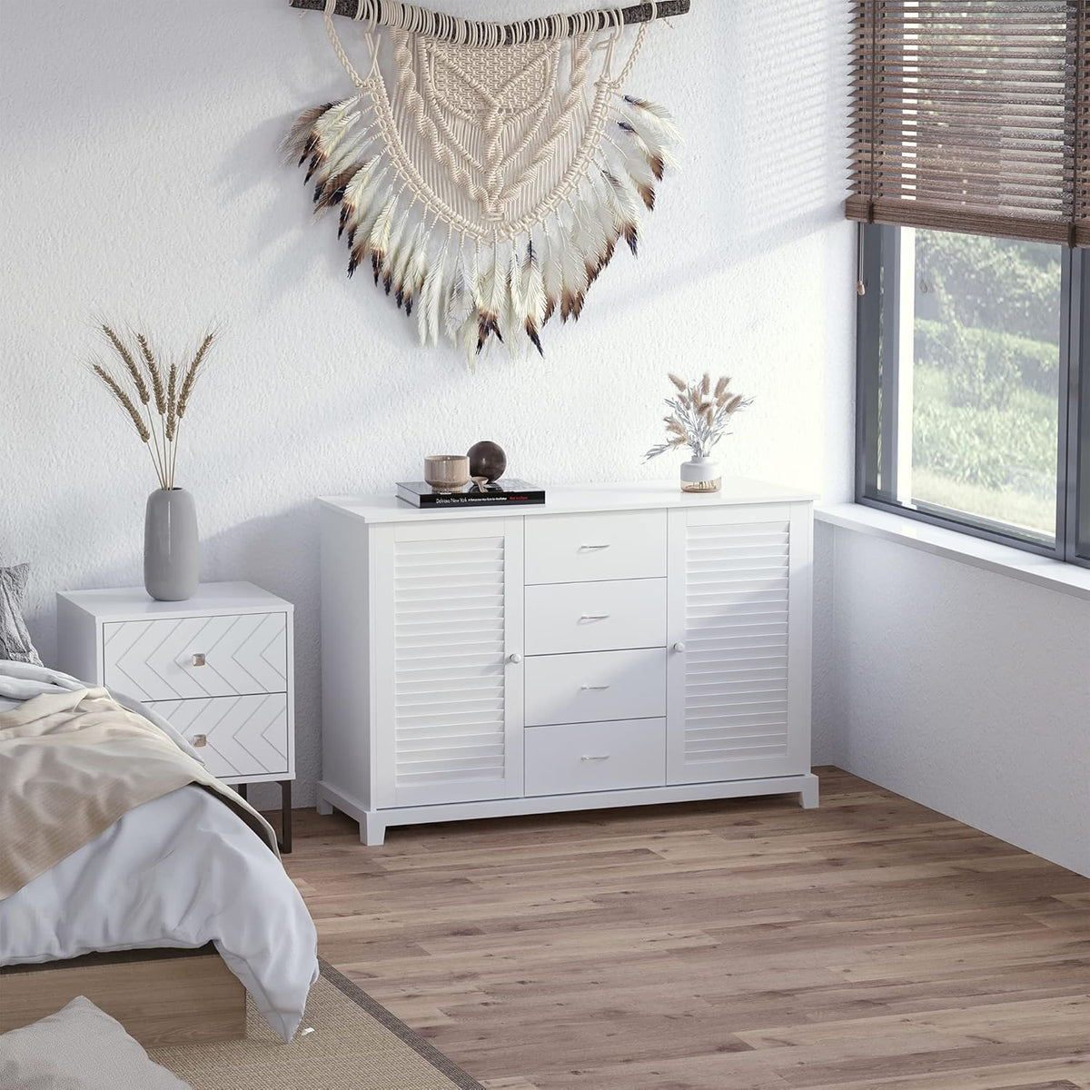 White Storage Cabinet with Drawers and Louvered Doors M698695