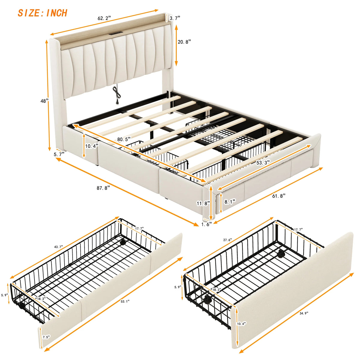 Queen Size Upholstered Platform Bed Frame with 3 Drawers C658887