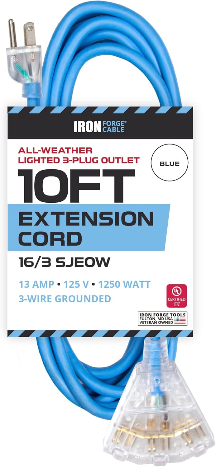 100 Ft All Weather Extension Cord with 3 Electrical Power Outlets, 16/3 SJEOW Lighted Outdoor Cable J78288