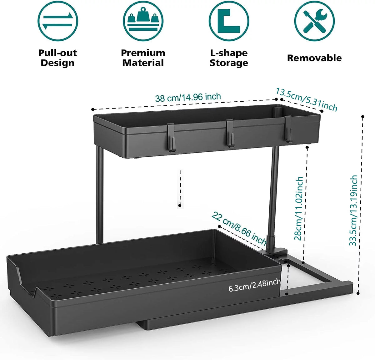 2 Tier L-Shape Under Sink Organizer with Hooks R915