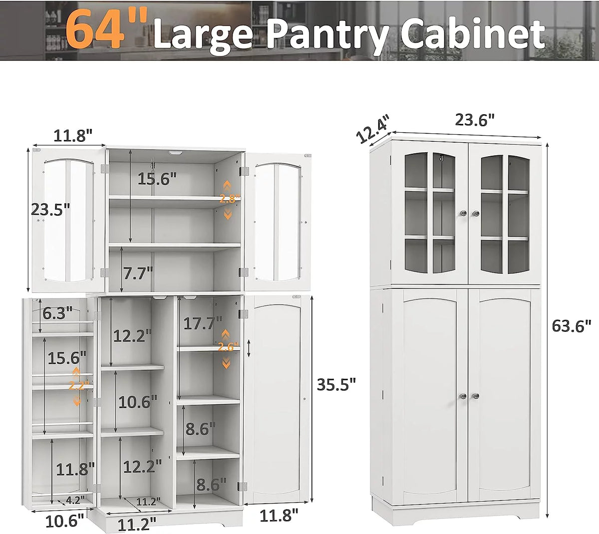White Wood Kitchen Pantry Storage Cabinet with Doors and Shelves A2523