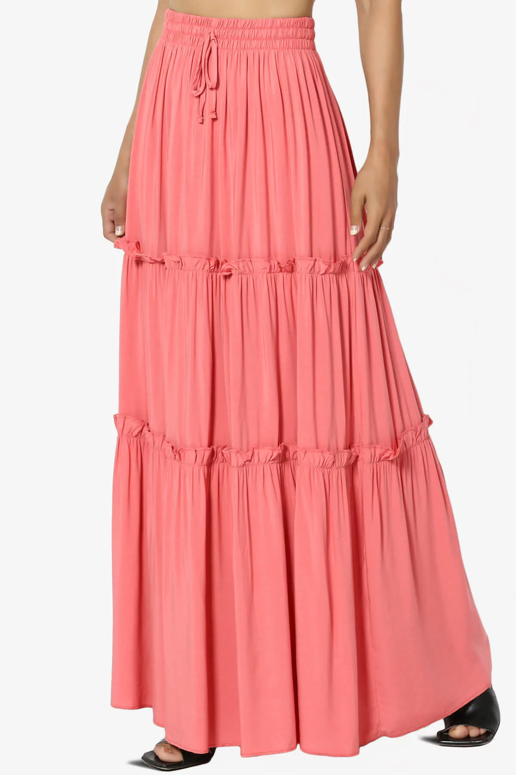 Ruffle Tiered Drawstring High Rise A-Line Maxi Skirt A8228