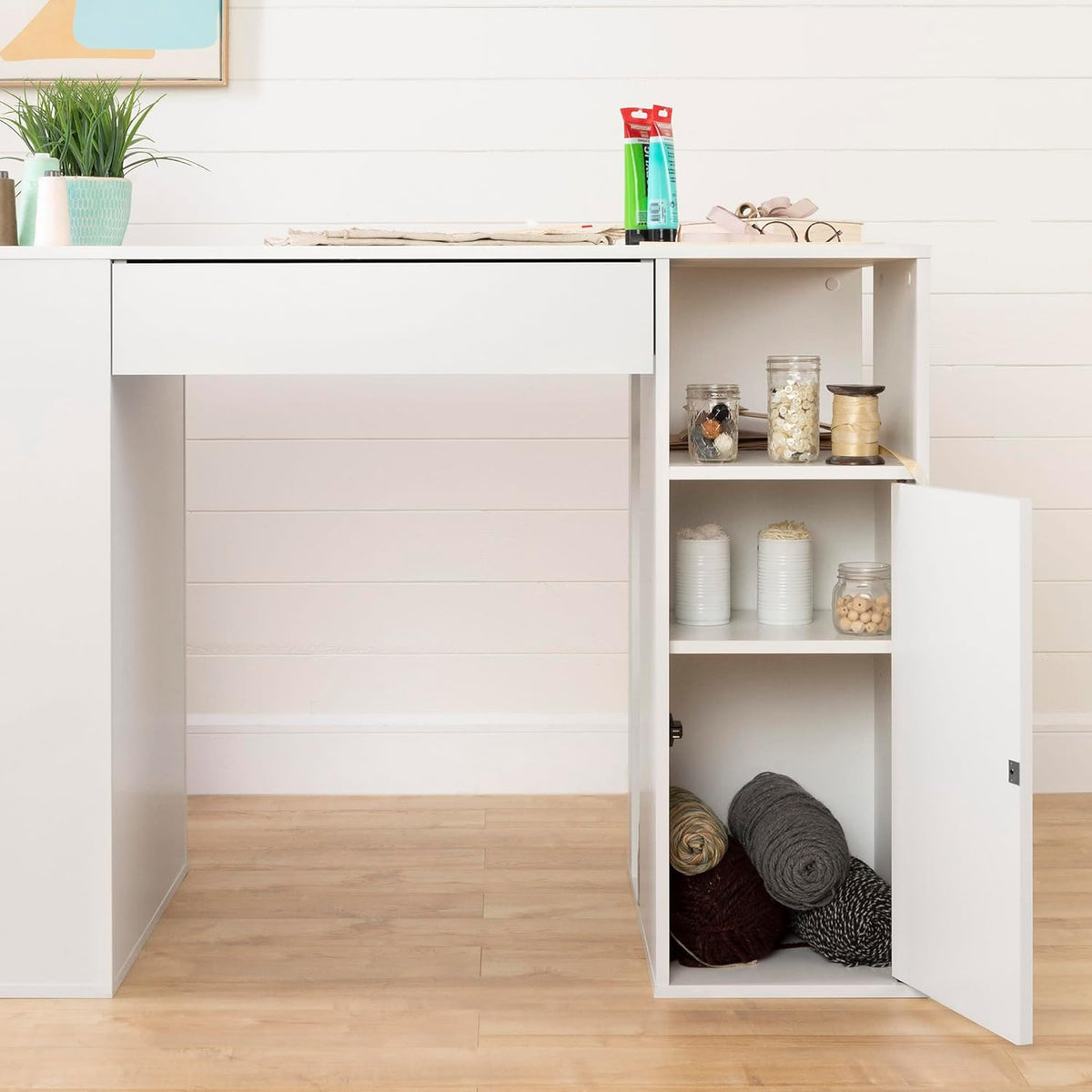 Pure White Counter-Height Craft Table with 4 baskets Q293