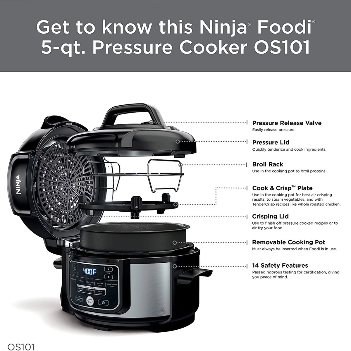 9 in 1 Pressure Cooker and Air Fryer with Nesting Rack, Silver I7336
