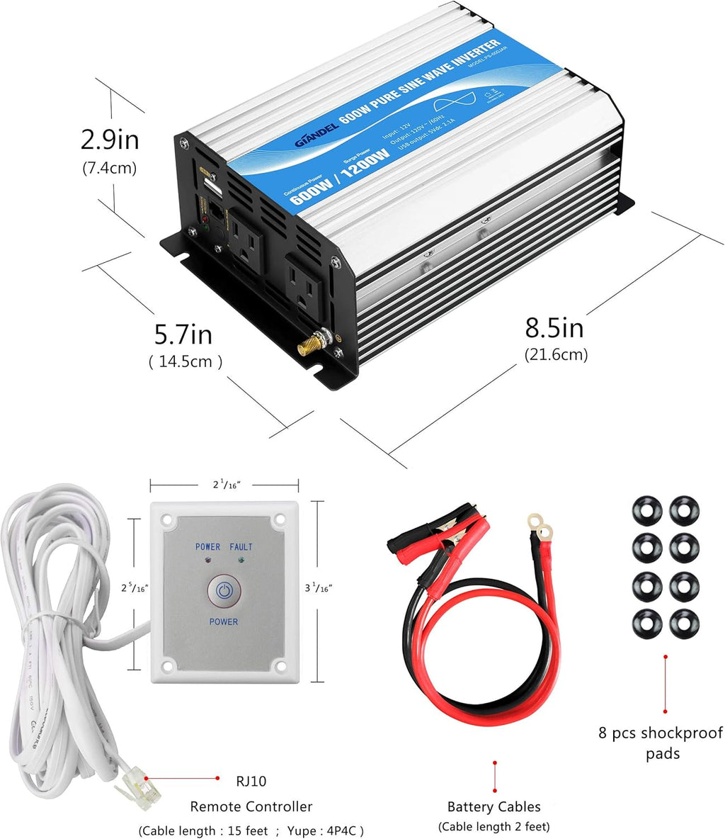 600W 12V DC to 110V 120V Pure Sine Wave Power Inverter with Remote Control Dual AC Outlets USB Port U50361