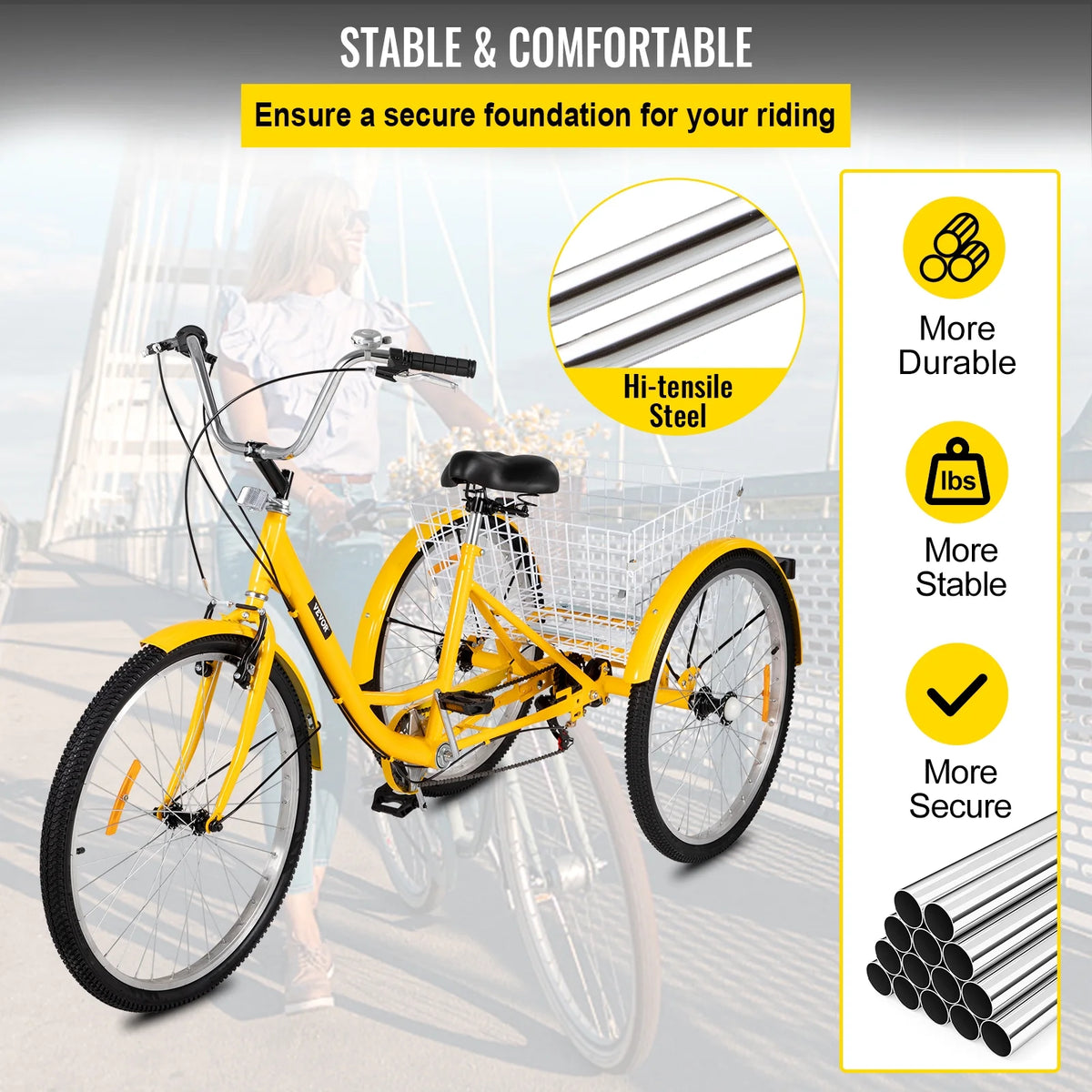 Adult Tricycle 7 Speed 26in Adjustable Trike with Bell, Brake System Basket T95188