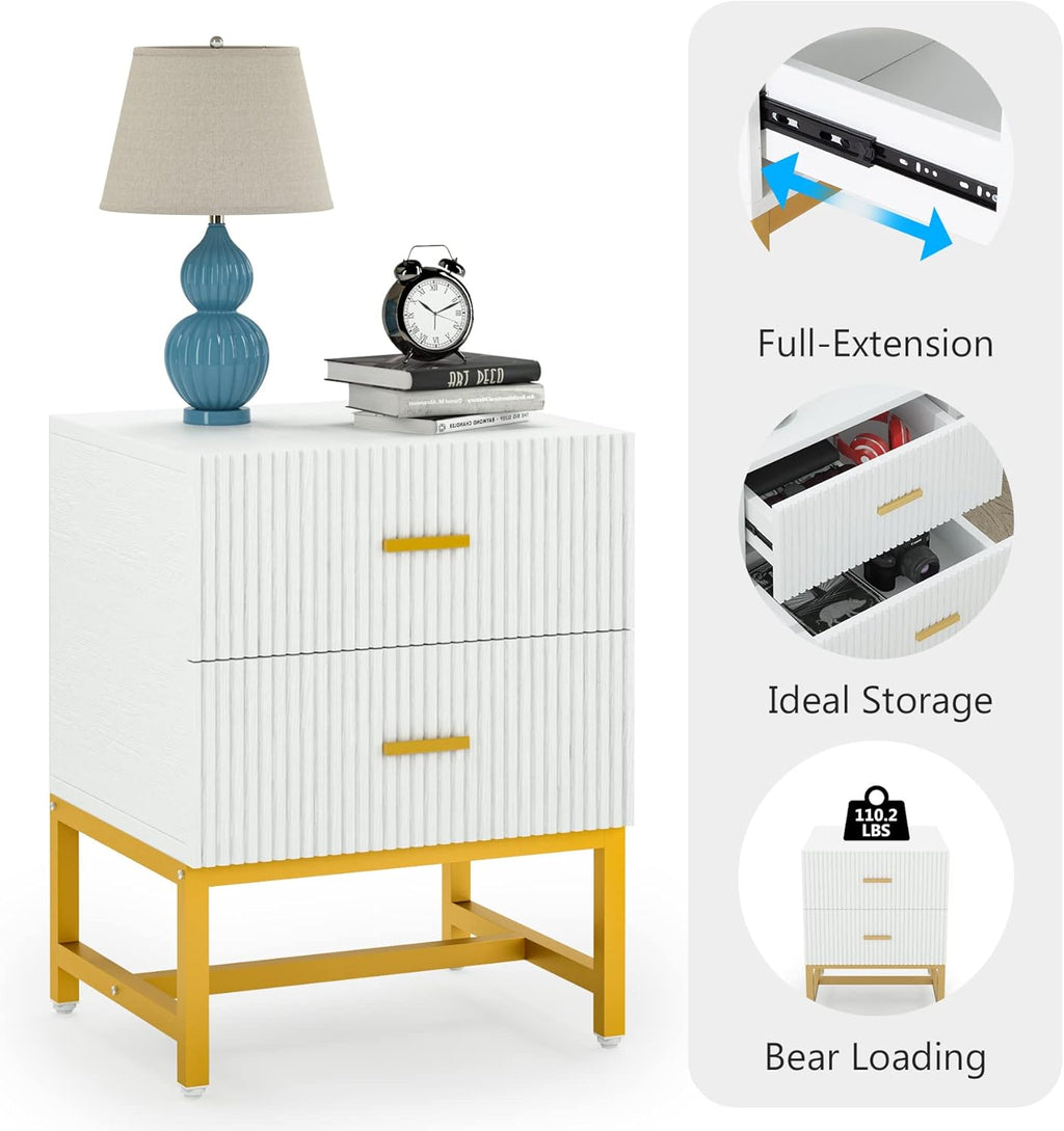 White 2-Drawer Nightstand with Storage Cabinet Metal Frame D266545