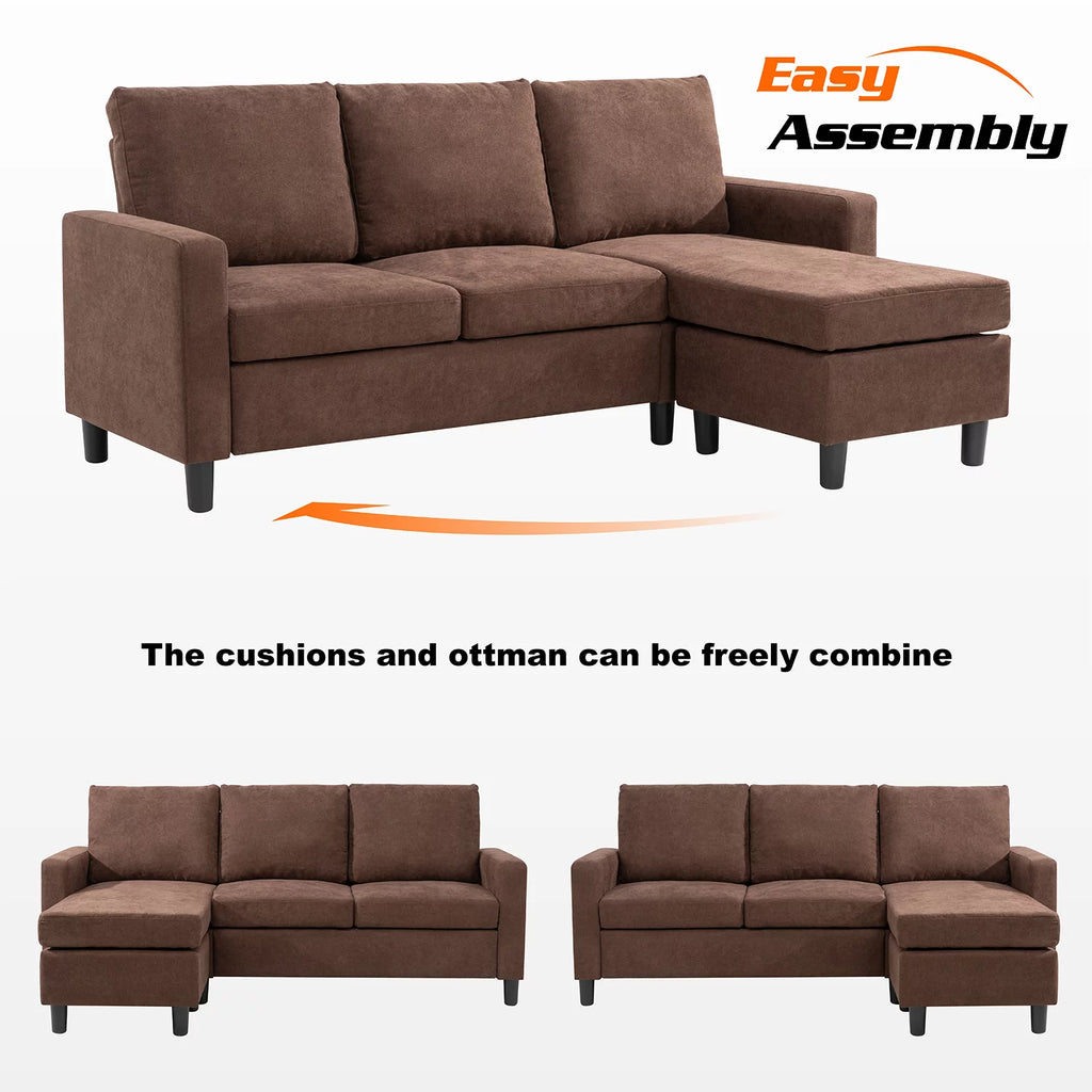 Brown L-Shaped Linen Fabric Sectional Sofa H270