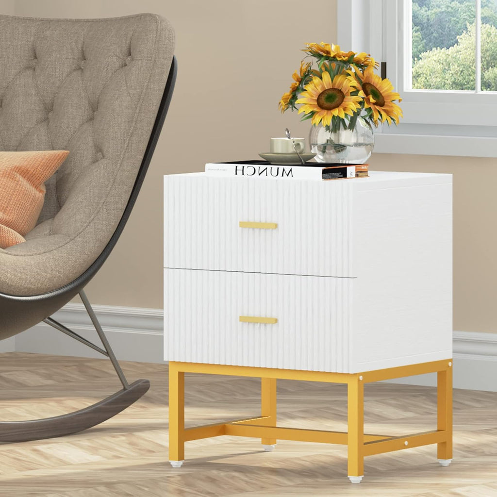 White 2-Drawer Nightstand with Storage Cabinet Metal Frame D266545