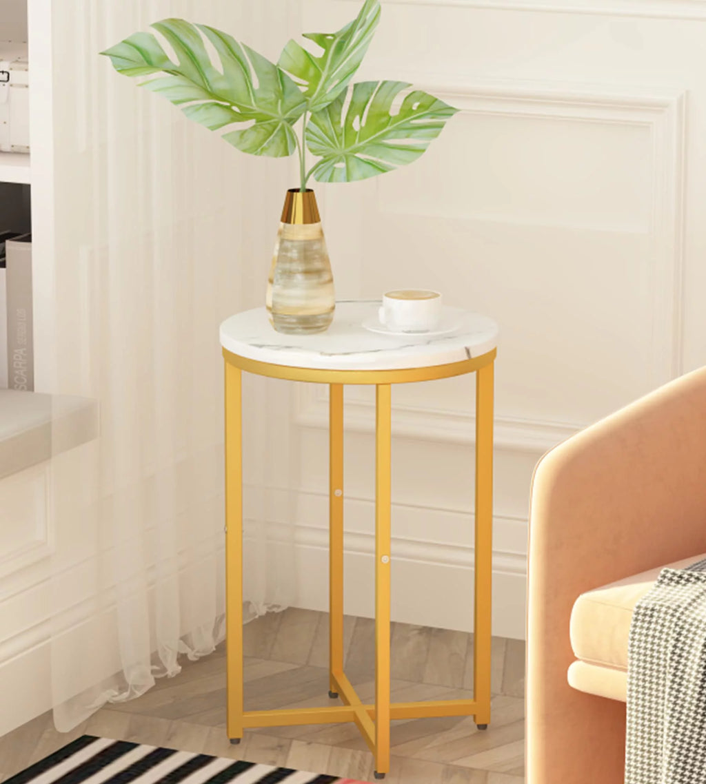 Round Faux Marble Side Table with Metal Frame V53445