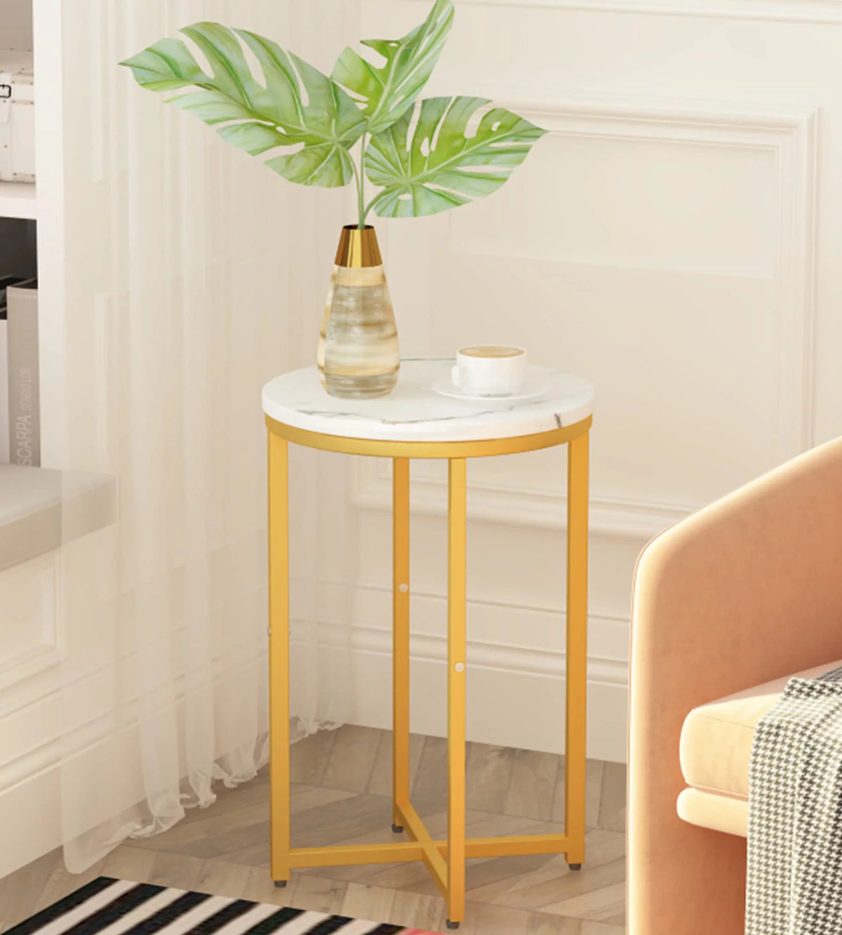 Round Faux Marble Side Table with Metal Frame V53445