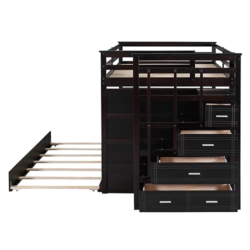 Twin Over Twin Bunk Bed with Stairs and Trundle White N38606