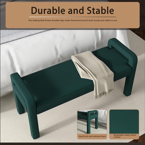 Beige Teddy Velvet Armrest Bench with Dark Brown Wooden Legs R1780