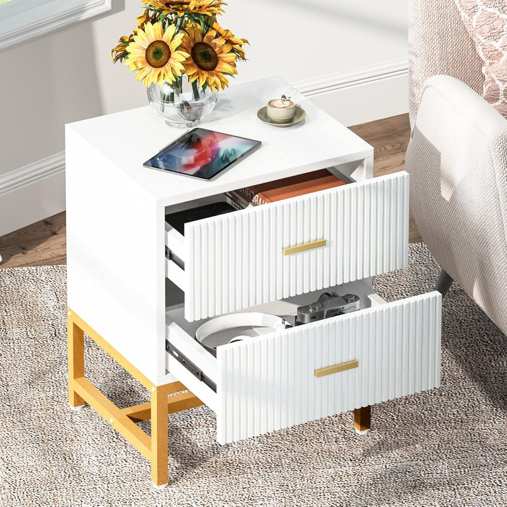White 2-Drawer Nightstand with Storage Cabinet Metal Frame D266545