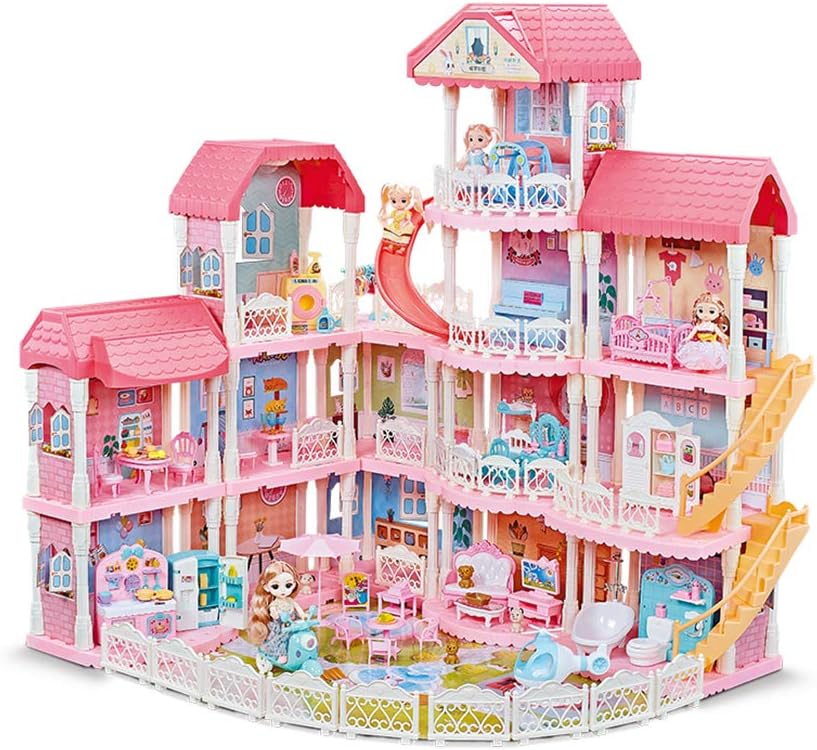 Dollhouse with Furniture Accessories 15 Rooms Pink Pretend Play Doll House Toy Playset M4509