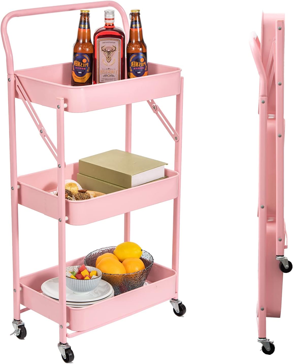 3-Tier Foldable Metal Utility Rolling Cart with Handle and Wheels A277