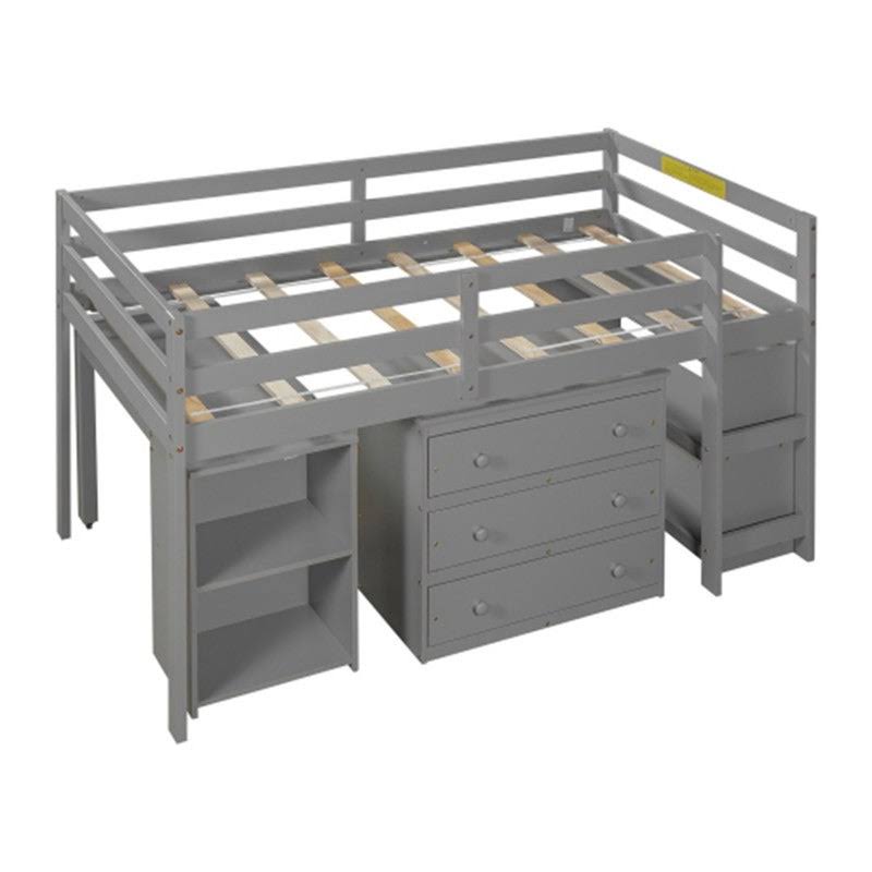 Gray Twin Size Wooden Loft Bed with Rolling Desk and Cabinet I300