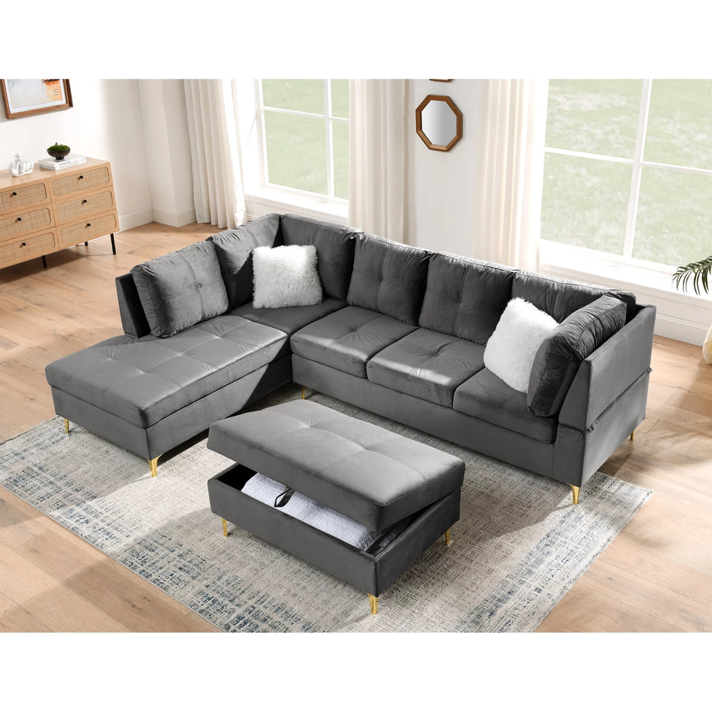 Velvet L Shape Sectional Sofa with Storage Ottoman O448