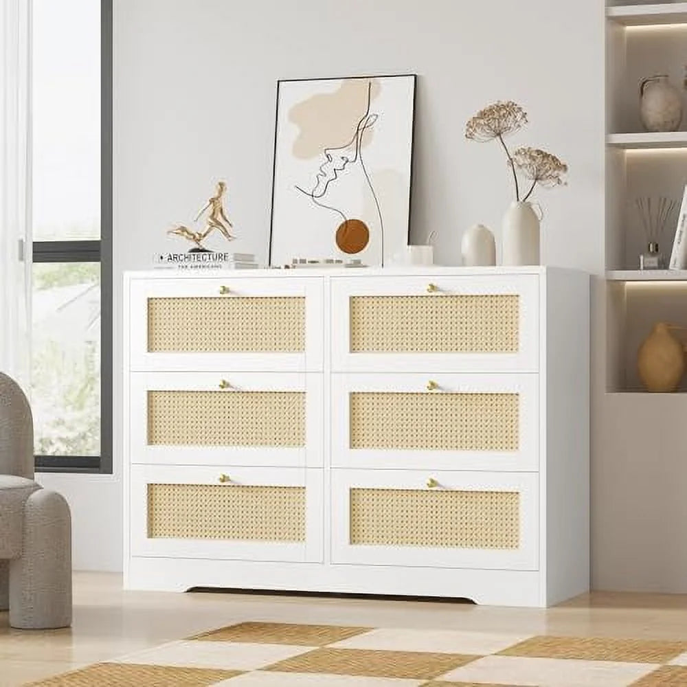 White 6 Drawer Rattan Dresser K884
