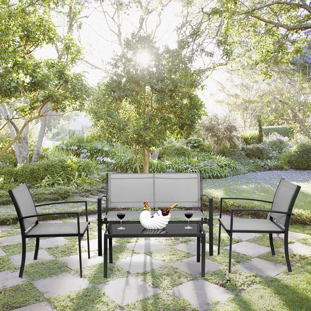 4 Pieces Patio Conversation Set with Loveseat and Coffee Table (Grey) D714